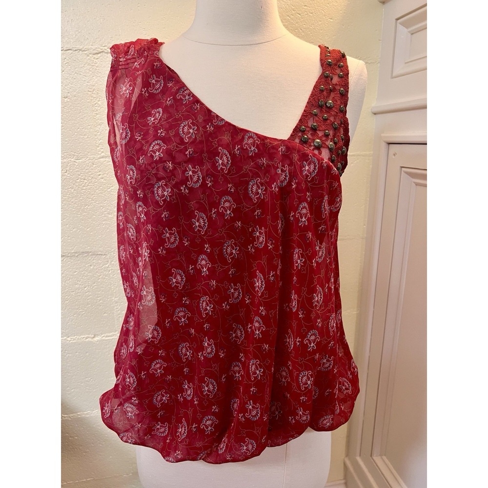 Free People Asymmetrical Red Floral Sleeveless Lace‎ Chiffon Overlay Top Size S